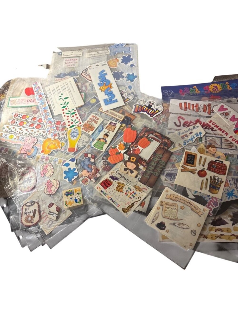 Large Scrapbooking Sticker Ephemera Lot School Baby Holiday Plus Binder Sleeves
